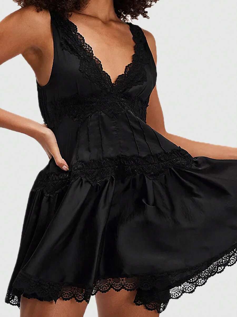 Womens Y2k Mini Dress Solid Color Lace Trim Ruffle V-Neck A Line Short Dresses Sleevelss Drop Waist Short Tunic Dress Summer Beach Sundress - Black - View 1