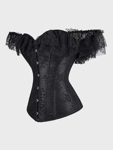 Corset Top Lace Off Shoulder Boned Overbust Corset Bustier  Bodyshaper Lingerie Top - 黑色蕾絲花 - 查看 3