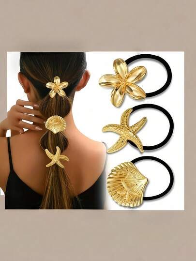 1/2/3pcs Gold Mimosa Flower Hair Scrunchies Women Elegant Starfish Hair Ties Bun Holder, Hair Accessories Gift Set Ponytail Holders, Hair Bobbles ,Hair Rope Hair Ties Head Accessories Rubber Bands