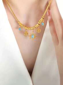 Colar com pingente de árvore da vida, girassol, estrela e lua em estilo boêmio vintage com pulseira de contas turquesa para mulheres