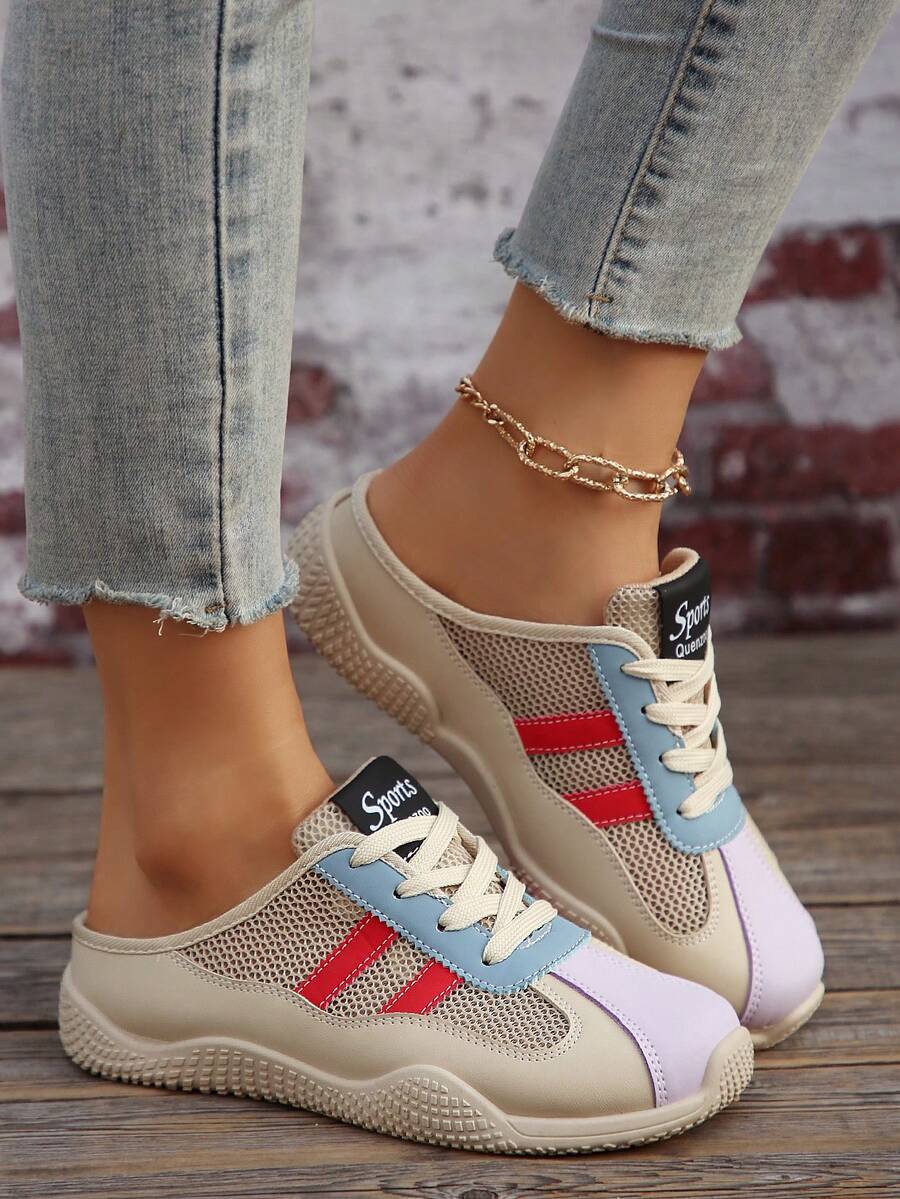 女士休闲运动网眼系带拖鞋，简约撞色学生平底运动拖鞋，户外度假运动鞋