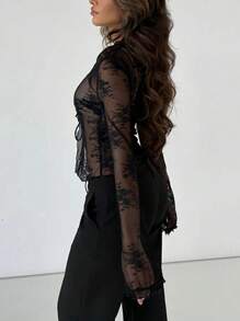 Damski jednolity kolor, seksowny koronkowy dekolt w serek, rękaw trąbkowy, wiązany kardigan, styl wiosenno-letni, koronkowe szwy, święta