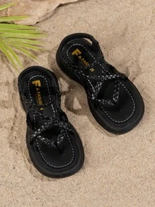1 Pair Kids Flat Sandals, New Summer Soft-Sole Comfortable Girls Sandals With Hollow Woven Design, Casual Slip-On Beach Vacation Shoes