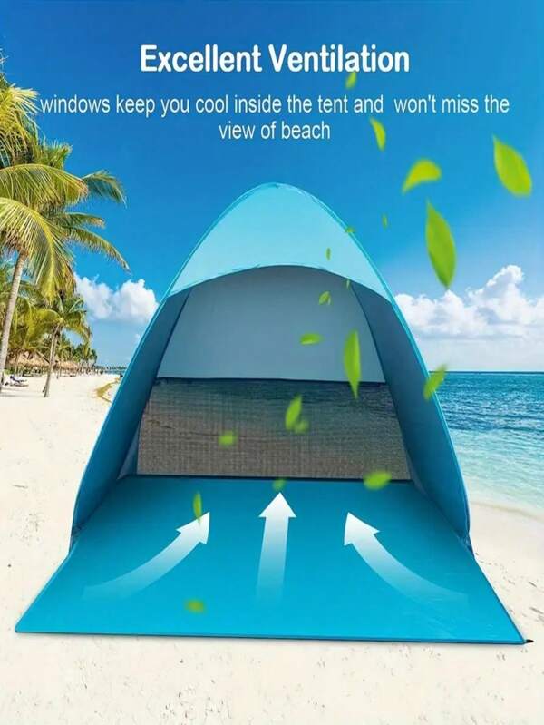 1 pieza Carpa de playa portátil y ligera - Fácil montaje, alta protección UV de calidad, azul durable con 6 estacas y bolsa de almacenamiento, adecuada para camping al aire libre, playa, parque, refugio instantáneo | Carpa plegable durable, ¡proporciona protección UV 50+!, silla de playa, accesorios de playa, bolsa de playa