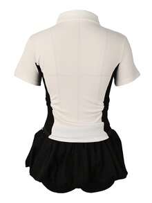 Chic Women 2 Pieces Set Short Sleeve Lapel Neck Varsity Sweatshirts High Waist Skirts Matching Set 2025 Summer Y2K Streetwear Fitness Workout Tracksuits - Black - View 4