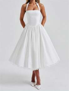 Women Summer Halter Dress Low Cut Sleeveless A Line Tulle Swing Flowy Tea Length Dress Corset Prom Formal Ball Gowns - 白色 - 查看 4