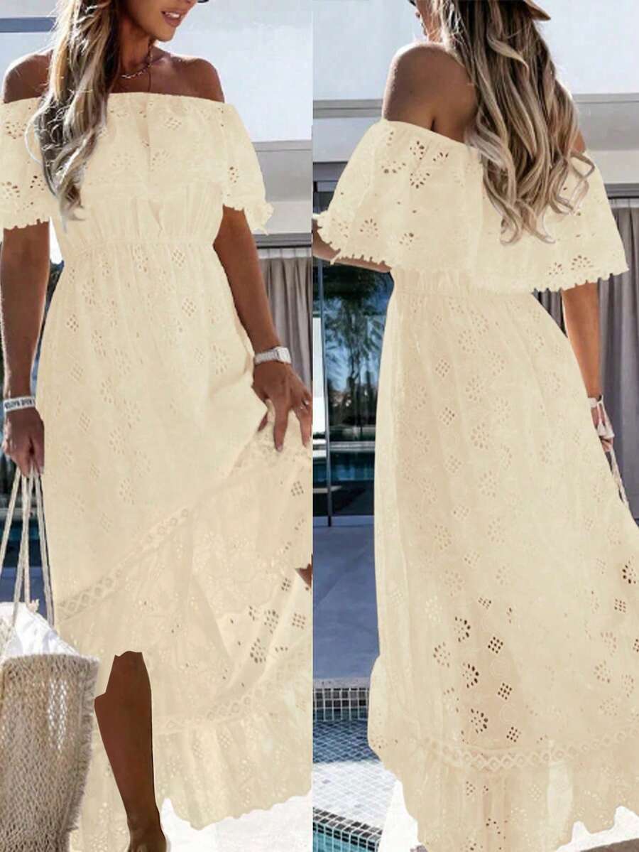 Hollow Out Embroidery Lace Hem Off Shoulder Dress With Ruffle Trim, Spring Summer Holiday Casual Boho & Bohemian Style - Apricot - View 1