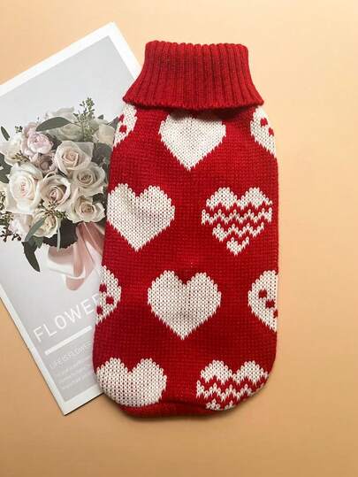 1 pieza Suéter de mascota de cuello alto con patrón de lunares y corazones