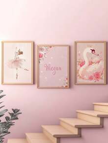 3 pièces Affiches murales sans cadre personnalisées avec le nom. Ballerine fille, fond rose et blanc avec cygne, couronne, étoiles. Décoration murale pour chambre d'enfant, chambre de fille. Cadeau d'anniversaire, Saint-Valentin, Noël, rentrée des classes - Multicolore - Voir 6