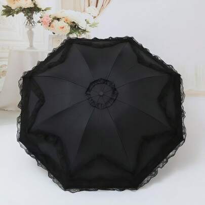 Lace Trim Sun Umbrella With UPF 50+ Protection - Heavy Duty Black Coating Parasol, Compact 3-Fold All-Weather Umbrella For Women, Elegant Victorian Style Sunshade Accessory.
