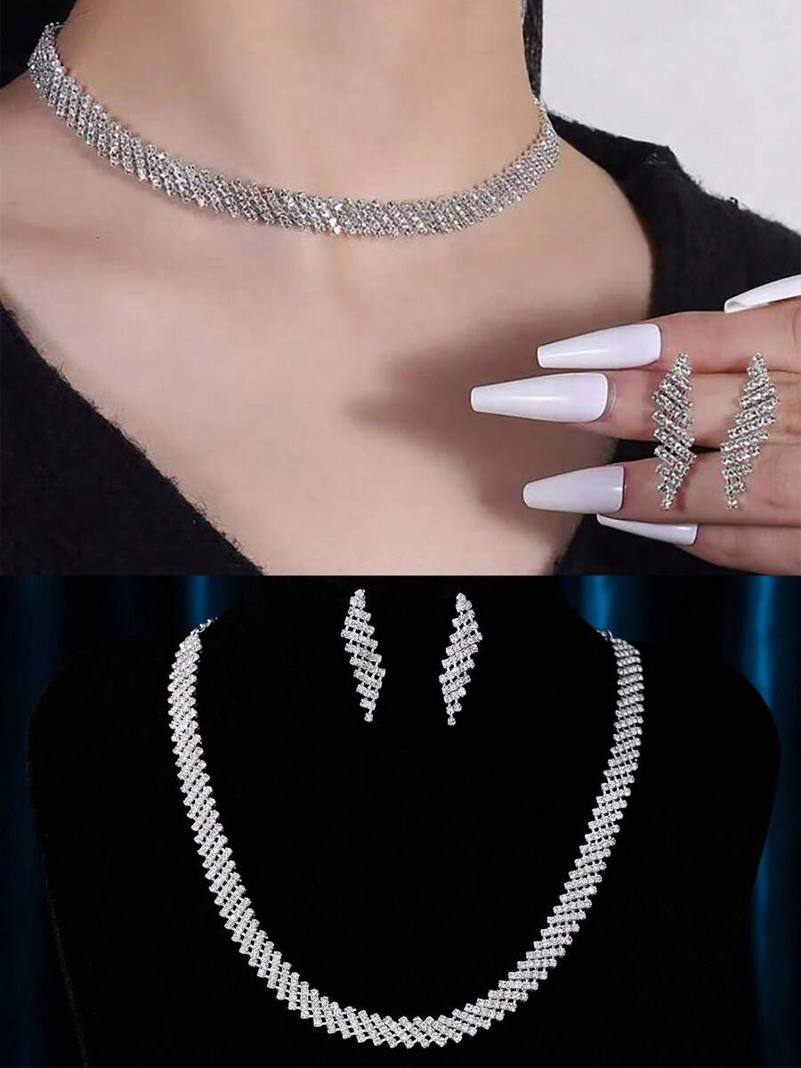 Royal Rhinestone Decor Beaded Necklace & Drop Earrings Tiaras. Valentine's Day Accessories,Wedding Hair Accessories - Silver - View 1