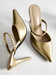 Zapatillas de mujer de punta afilada sin cordones, diseño minimalista de tacón alto cerrado, nuevos lanzamientos de otoño e invierno 2024, regalos de Navidad de invierno - Dorado - Ver 3