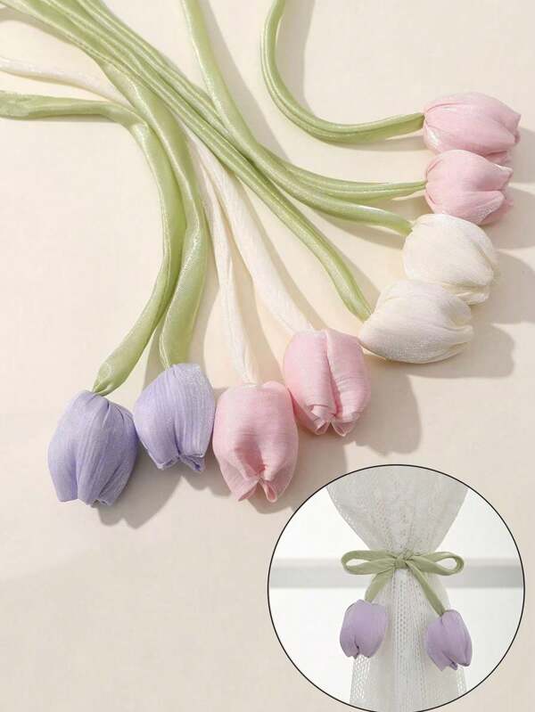 2pcs Double-Head Tulip Flower Design Curtain Tie Backs, New Style Living Room Curtain Voile Tiebacks, Woven Curtain Ribbons, Curtain Decor Tapes