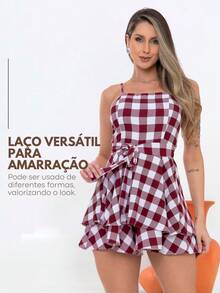 Plaid Jumpsuit Dress S To GG Women's June Party Look São João Fabric Duna Short Stylish Bow Waist Plaid Casual Cute Party Hem With Ruffle With Belt - 紅白色 - 查看 3