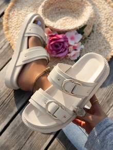 Fashion Women Casual Beige Dual Buckle Outdoor Round Toe Slide Sandals, Comfortable Flat Beach Slippers