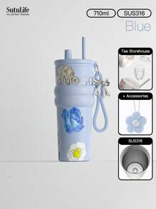 Vaso térmico de gran capacidad de 500ml/700ml/710ml - Taza de café de acero inoxidable con tapa, vaso de viaje para bebidas calientes y frías, compatible con portavasos de coche, material, tapa con boquilla y soporte para pajita, banda de silicona antideslizante para sujetar, portátil para exteriores, camping, oficina, regalo de botella de agua para novia, estudiante, vuelta al cole para niños