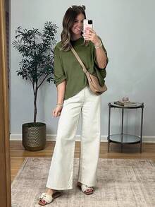 Womens Oversized-Shirts Cropped Summer Casual Short Sleeve Loose Fit Tee Tops - Army Green - View 4