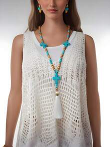 Women's Beaded Bohemian Style Long Necklace - Brown - View 8