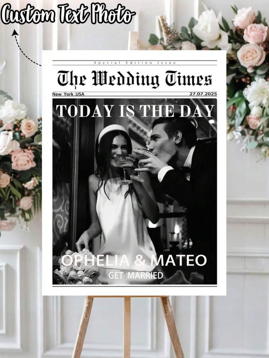 1pc- Customized Newspaper Template Wedding Poster, Wedding Party Welcome Sign Template, Wedding Welcome Poster With Photos, Customized Photo Text Wedding Outdoor Decoration, Wedding Welcome Sign, Memorial Wall Decoration Poster, Modern Minimalist Graduation Welcome, Shooting Props, Artistic Customized Canvas Printed Poster Personalized, Unique And Ideal Wedding Gift - Multicolor - View 1