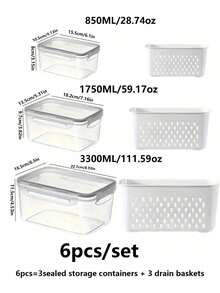 Asnews 6pcs/SetRefrigerator Storage Box With Lid And Drain Basket, Fruit Vegetable Storage Containers Transparent Drainable Stackable Produce Saver Container Food Organizer Bins For Fresh Vegetable Fruit L - 透明色 - 查看 2