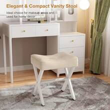 18-Inch Leather Vanity Stool, Vanity Chair With Metal X-Leg, Ottoman Foot Stool With Thick Padded Saddle Seat, Beige - Beige - View 8