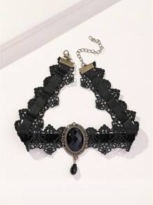 1 pièce Collier ras-du-cou gothique vintage incrusté de pierres précieuses en dentelle noire, accessoire de mode unique et charmant pour femmes