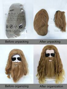 Peluca con barba de cabello sintético de 20 pulgadas de longitud media, con degradado de marrón a rubio, rizado, para disfraz de adultos, con barba, para fiesta de disfraces de hippie y rockero, resistente al calor, de fibra de seda suave, de alta densidad y aspecto natural, para disfraces de anime, cómics y dibujos animados, como regalo para fiestas