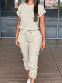 Bộ đồ liền thân rút dây cổ tròn tay ngắn màu trơn thường ngày cho nữ, mùa hè - Màu be - Xem 10