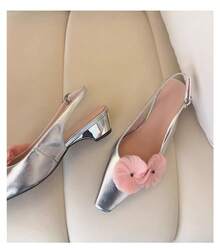 Floral Design Peep Toe Backless Sandals Fairy Style Square Toe Shallow Mouth Single Shoes - Silver - View 2