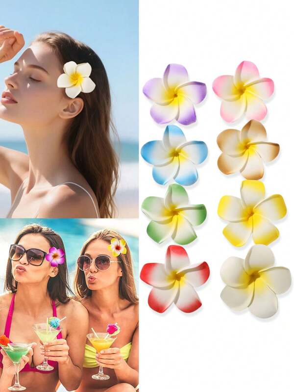 8 Peças Grampos de Cabelo com Flor de Plumeria para Mulheres, Tamanho Grande de 7cm, Acessórios de Moda no Estilo de Férias na Praia, Grampos de Cabelo Tipo Garra