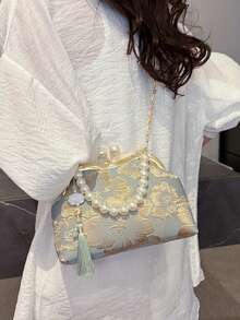 新款中国风民族刺绣女包，时尚夏季珍珠钱包手拿包斜挎包 - 綠色 - 查看 4