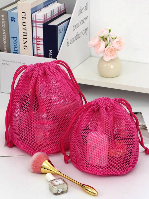 1 PC Rose Red Drawstring Mesh Portable Beach Bag Make Up Bag,Fashionable And Casual Large Capacity Portable Zipper Makeup Bags,Travel And Vacation Essentials Cosmetic Bags For Sanitary Napkins,Pouch Pads,Wired Earphones,Earpods,Headphones,Charger,Lipsticks,Cosmetics,Perfume,Skin Care And Beauty Products,Home Decor,For Mom,Women,Nurses,Students,School Girls,Keys,Holiday Gifts