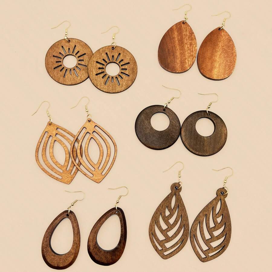 6pairs Retro Coffee Color Geometric Carved Wood Pendant Earrings, Bohemian Wood Earrings Suitable For Daily Wear, Parties, Gatherings, Great Gift For Women