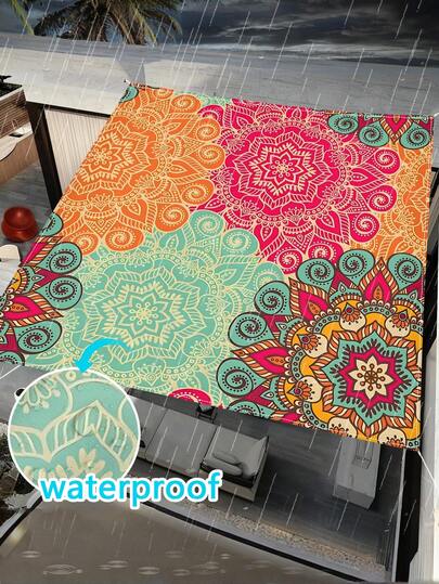 1pc Outdoor Thick Waterproof Sun Protection Gradient Green Bohemian Pattern Garden Patio Sunshade Canopy Beach Tent (Ropes Included, No Stand)