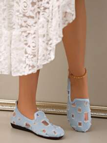 Sapatos Casuais de Denim de Cor Sólida para Mulheres, Sapatos Respiráveis e Antiderrapantes de Bico Redondo, Sapatos Planos Clássicos Vazados para Mulheres, Sapatos Casuais de Cano Baixo com Capuz de Cor Sólida, Sapatos Confortáveis para Mulheres, Sapatos para Uso Externo