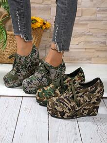 Bohemian Fashion Platform Ditsy Floral Lace-Up Casual Wedge Heeled Women Shoes, Spring Autumn Outdoor - Army Green - View 8
