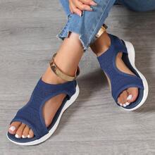 Sandalias deportivas de punto, sandalias con suela gruesa en blanco y negro, sandalias de estilo bohemio de retazos con diseño hueco para vacaciones, calzado casual de suela blanda para playa y verano para mujeres