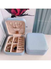 1pc Mini Jewelry Storage Box, Jewellery Box, Jewelry Display Travel Zipper Case For Earrings Necklaces Rings, Portable Leather Jewelry Box, Durable - Baby Blue - View 4