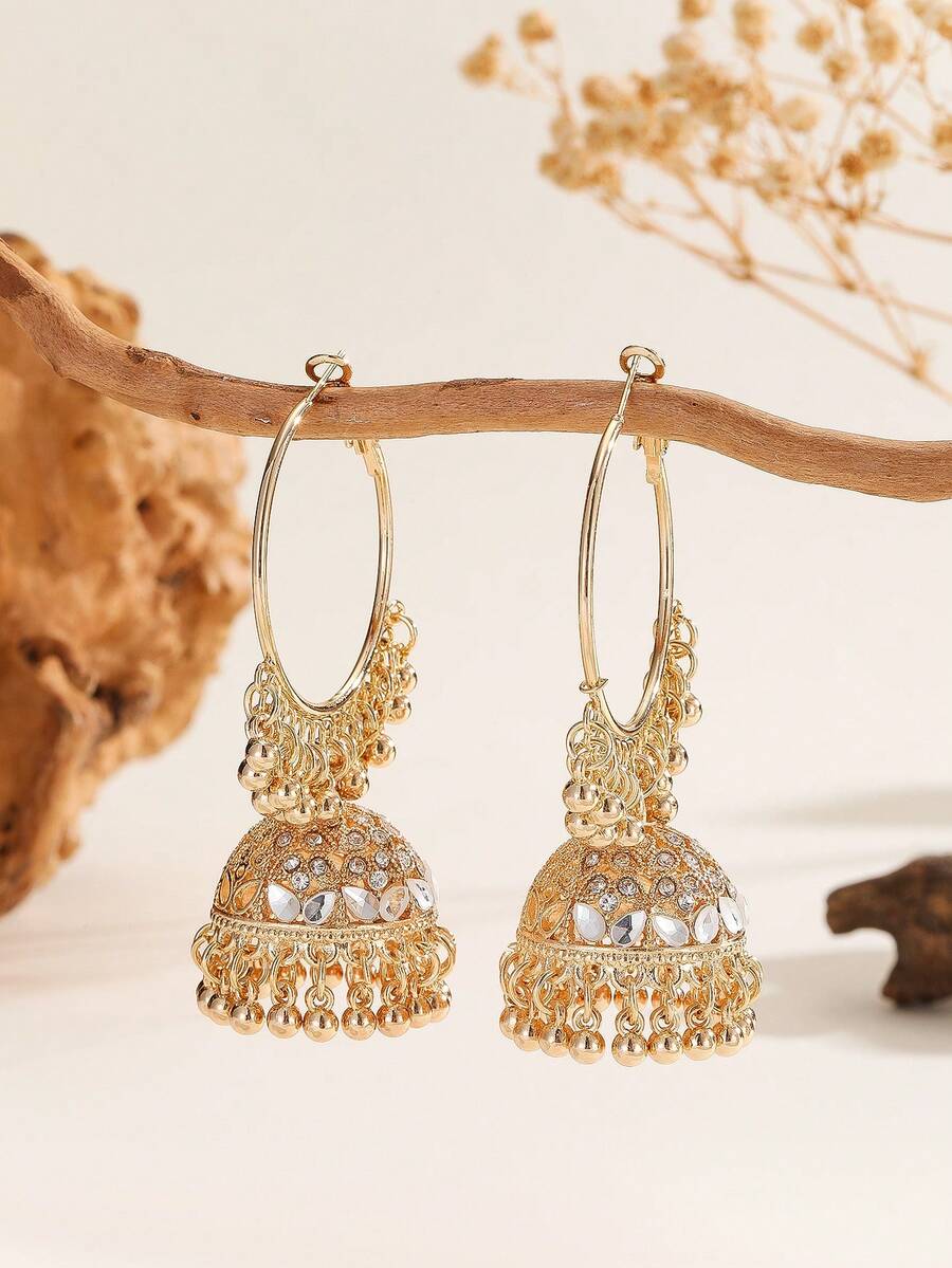 1 Đôi Hoa tai vòng sang trọng, Hoa tai Jhumka đính đá thời trang thanh lịch có chuông và tua rua, Trang sức truyền thống phù hợp cho trang phục hàng ngày của phụ nữ, Lễ hội, Đám cưới và Tiệc tùng/Quà tặng trang sức - Cổ điển - Xem 1