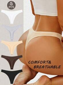 5pcs Women's Solid Color Cotton Breathable Sexy Comfortable Thong Panties