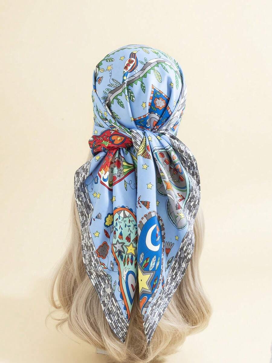 1 件女士优雅佩斯利印花缎面方巾，透气防晒休闲装饰披肩 - 藍色 - 查看 1