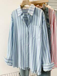 YUXIN Camisa holgada a rayas vintage, blusa de chaqueta de manga larga con cuello para mujer, cómoda de llevar para múltiples ocasiones, ideal para primavera y otoño