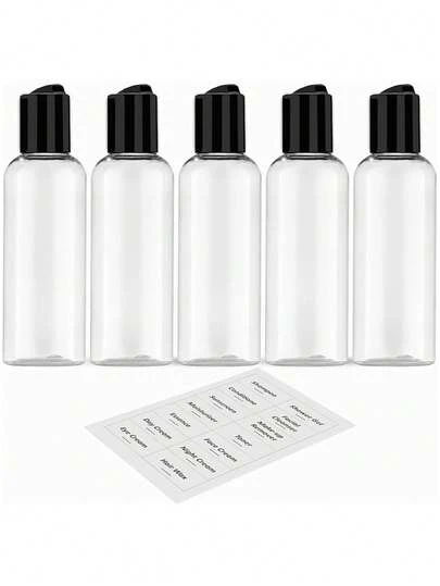 Bộ 5 chai du lịch chống rò rỉ 100ml (3.4oz) được TSA chấp thuận, bộ đựng đồ dùng vệ sinh cá nhân bằng nhựa di động có thể tái sử dụng kèm nhãn, vật dụng thiết yếu mang lên máy bay đựng dầu gội, sữa dưỡng thể, mỹ phẩm chăm sóc da, bình đựng nhẹ cho chuyến công tác, kỳ nghỉ, du lịch ngoài trời, bộ sắp xếp đồ dùng phòng tắm cho gia đình và sử dụng hàng ngày, món quà phụ kiện du lịch hoàn hảo cho nam và nữ.
