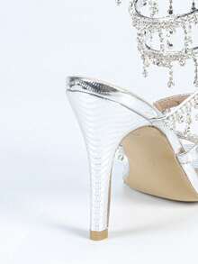 Women's Stiletto High Heel Sandals, Fashion Minimalist Strap With Rhinestone Snake Wrap Round Toe, Basic Style For Summer & Autumn - Silver - View 8
