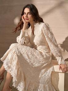 Elegant Stand Collar Button Decor Lantern Sleeve A-Line Dress