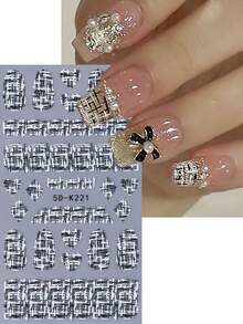 1张5D优雅格子美甲贴纸，美甲装饰贴纸，蓝、黑、白、粉、紫格子图案设计贴纸，韩式美甲贴纸，DIY美甲沙龙配件