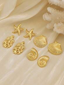 8 Pcs Women's Fashion Elegant Gold Acero Inoxidable Earring Set, Featuring Jewelry Elements Of Starfish, Shells, Seashells, And Coral, Hypoallergenic, Colorfast, Suitable For Daily Wear, Graduation Season Gift