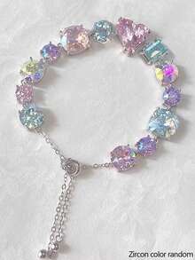 1pc Heart & Geometric Colorful Zirconia Stone Women Bracelet, Fashionable & Fresh Metal Band, Summer - 彩色 - 查看 1