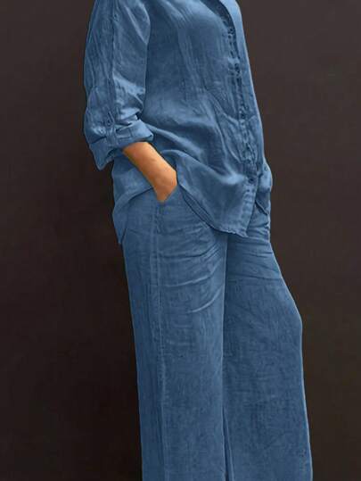 Spring, Summer, Autumn Casual Polo Collar Cardigan, Versatile Solid Color Elegant Shirt Blouse, Suitable For Beach Vacation, Everyday, Work, Shopping, Soft Material, Elastic Waist Wide Leg Pants, 2 Pieces Set