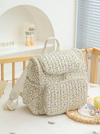 1pc Multifunction Large Capacity Ditsy Floral Mommy Backpack, Can Be Hung On Stroller